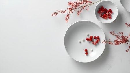 Flat lay composition with white ceramic plates and berries on white backgroundの素材