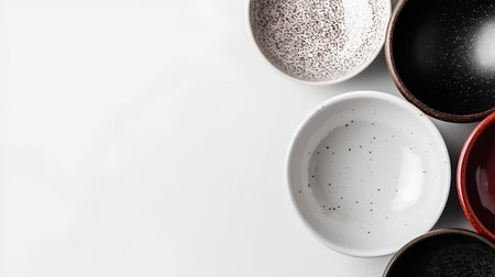 Ceramic bowls and saucers on white background, top viewの素材