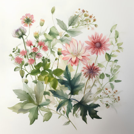 watercolor painting of leaf and flowers, on white background, illustrationの素材