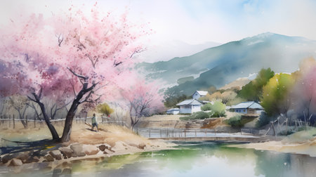 Watercolor painting of a spring landscape with cherry blossom trees and mountains.の素材