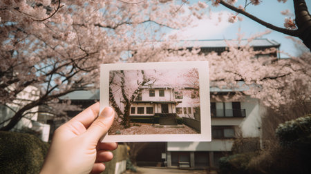 Cherry blossoms and a photo of the house in Japan.の素材