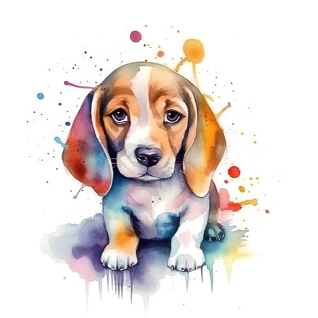 Beagle puppy. Hand drawn watercolor illustration on white background.の素材