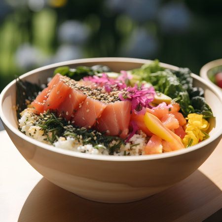 Hawaiian salmon poke bowl with rice, seaweed, vegetables and sesame seedsの素材