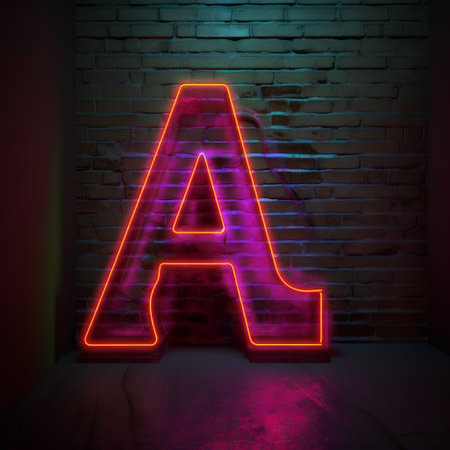 Neon letter A on brick wall background. 3D rendering.の素材