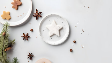 Christmas and New Year composition. White ceramic plate with star, gingerbread cookies, spices and fir branches on white background. Flat lay, top view, copy spaceの素材