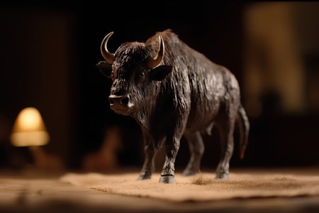 Close up of a miniature buffalo on a carpet in a dark roomの素材