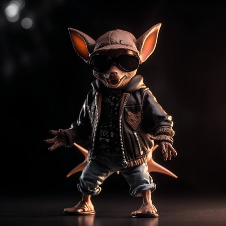 Funny little chihuahua dog wearing a leather jacket and sunglassesの素材