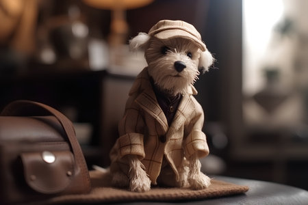 Teddy bear in a brown jacket and hat sitting on a chairの素材
