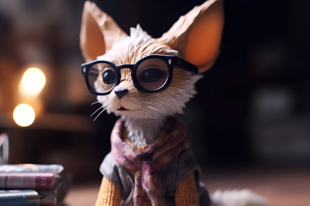 Cute cat wearing glasses and scarf in dark room with books.の素材