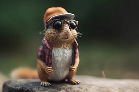 Funny little hamster with hat and sunglasses sitting on a rockの素材
