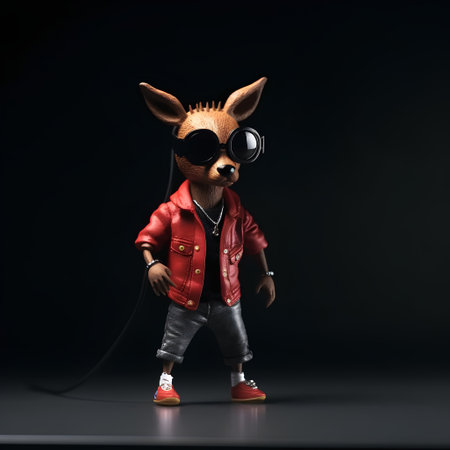 Funny hipster animal dressed in a red leather jacket and sunglasses posing on a dark background.の素材