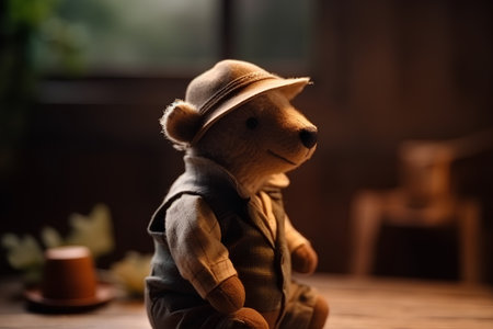 Teddy bear with hat sitting on a wooden table in the roomの素材
