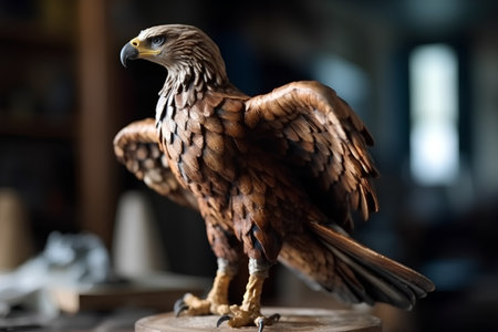 Eagle statue on a wooden table in a restaurant, closeupの素材
