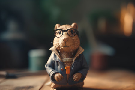 Cute cat wearing eyeglasses and blue jacket on wooden tableの素材