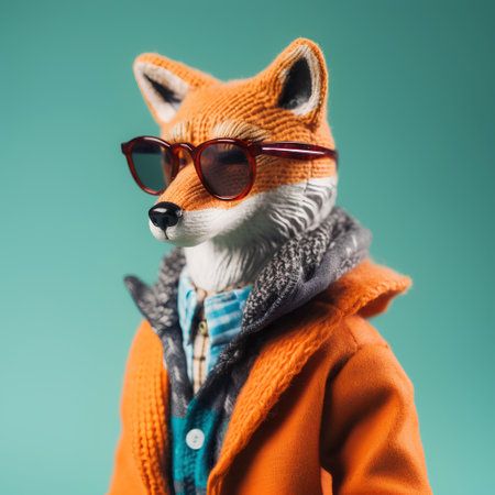 Portrait of a fox dressed in an orange coat and sunglasses.の素材