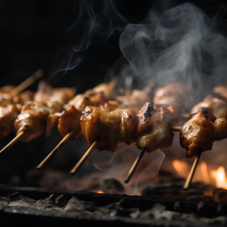 Grilled chicken skewers on a barbecue. Selective focus.の素材