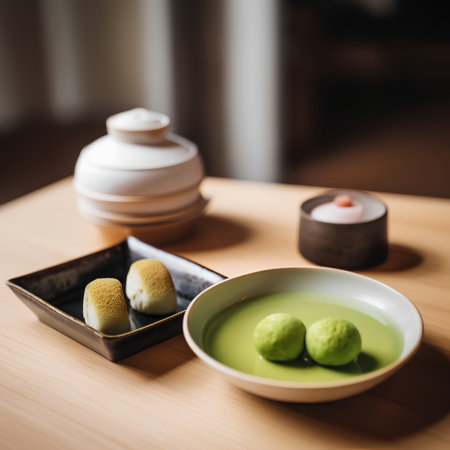 Green tea with japanese sweets in a bowl on wooden tableの素材