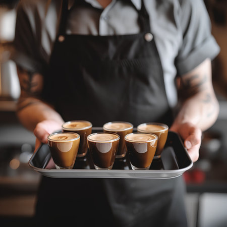 Barista holding tray with cups of coffee in cafe, closeupの素材