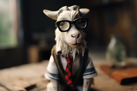 Funny goat doll with glasses and tie on wooden table. Vintage style.の素材