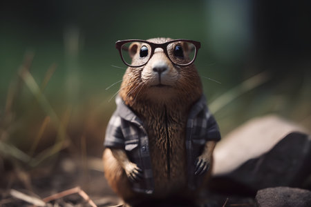 Portrait of a squirrel with glasses on the background of nature.の素材