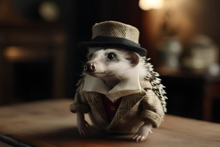 Hedgehog in a hat and bow tie on a dark backgroundの素材