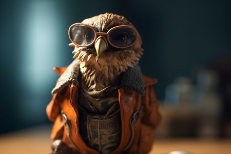 Cute owl in a leather jacket and sunglasses. Selective focus.の素材