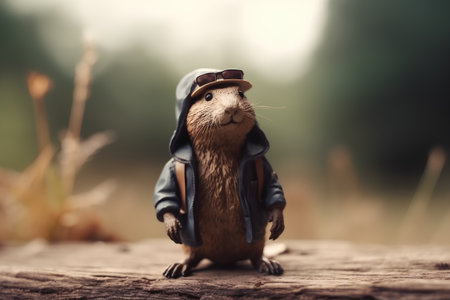 Little otter in a hat and jacket stands on a wooden stumpの素材
