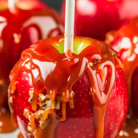 Homemade Caramel Apples with Caramel Sauce, closeupの素材