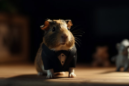 guinea pig in a suit and bow tie on a dark backgroundの素材