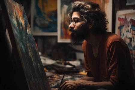 Artist with long beard and mustache in eyeglasses painting picture in art studioの素材