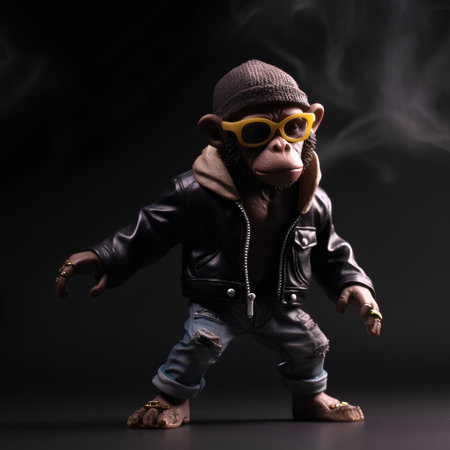 Cool monkey dressed in leather jacket, hat and sunglasses on dark backgroundの素材