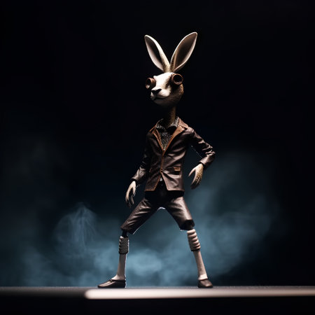 Rabbit mannequin in a suit and bow tie on dark backgroundの素材