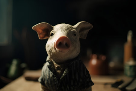 Portrait of a little pig in the studio on a dark backgroundの素材