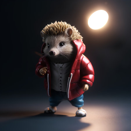 Hedgehog in a red jacket on a dark background with a moonの素材