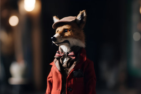 Fashionable fox in a red coat and hat on the streetの素材