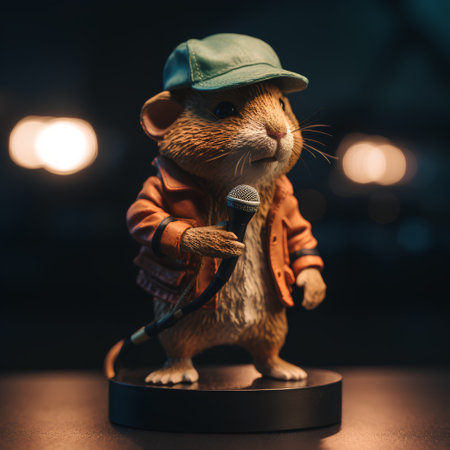 Rabbit in cap and orange jacket with microphone on stage. Retro style.の素材