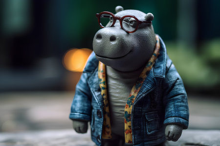 Hippopotamus doll wearing a blue jacket and red glasses.の素材
