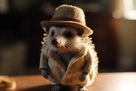 Hedgehog in hat and scarf on wooden table. Selective focusの素材