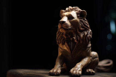 Wooden lion statuette on a dark background, close-upの素材