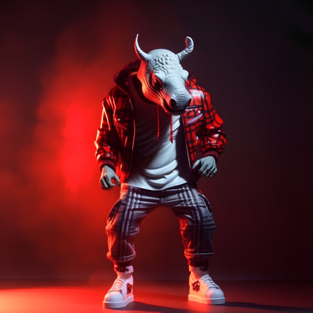 Hip-hop dancer with horns on a dark background. 3d renderingの素材