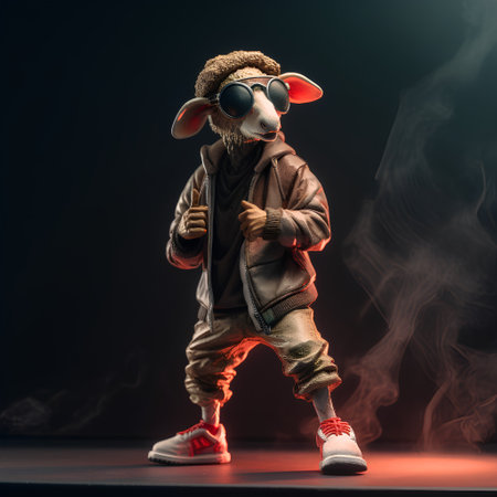 Funny little boy in a sheep mask and sunglasses on a dark backgroundの素材