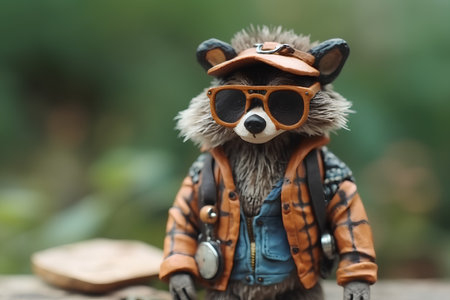 Raccoon toy with sunglasses and jacket on the background of natureの素材