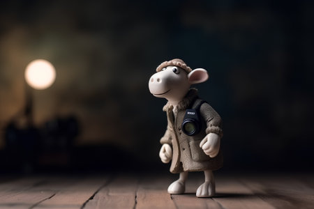 cute toy monkey with a camera on a wooden floor in the darkの素材