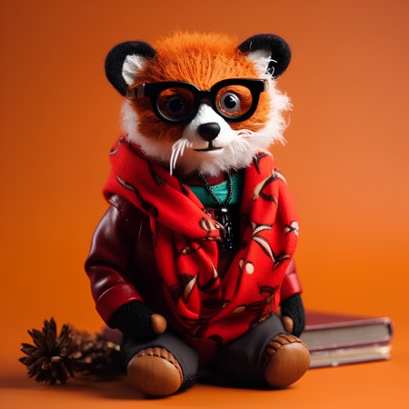 Teddy bear in a red jacket and glasses on an orange backgroundの素材