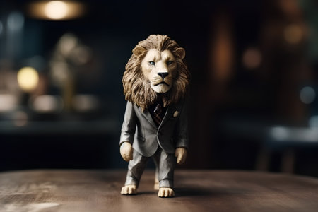 Figurine of a lion on a wooden table in a cafeの素材