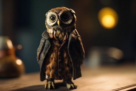 Owl figurine in front of a dark background with copy spaceの素材