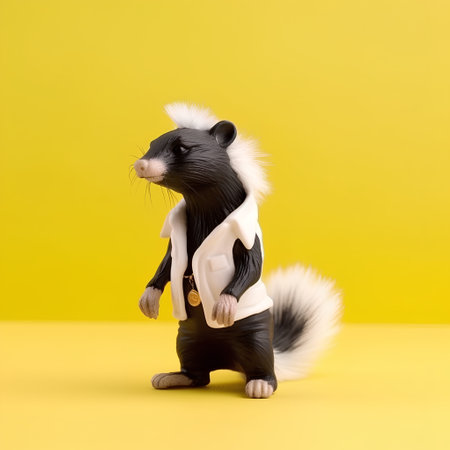 Little black and white skunk in a jacket on a yellow backgroundの素材