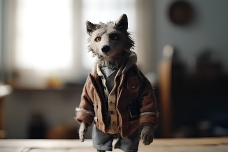 Fashionable wolf in a warm jacket and scarf in the interiorの素材