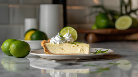 Lime tart with whipped cream on a white plate, selective focusの素材