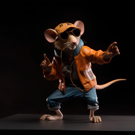 Cute little mouse dressed in an orange jacket and blue jeans on a black backgroundの素材